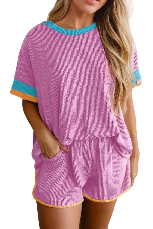 Fringe shorts – Shorts with fringe details at the hem for a boho or playful look.Fringe shorts – Shorts with fringe details at the hem for a boho or playful look.Contrast Trim Corded Texture Short Set In Phalaenopsis