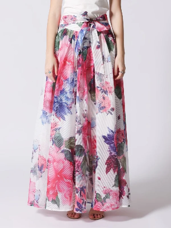 Watercolor Floral Printing Pleats Maxi Skirt