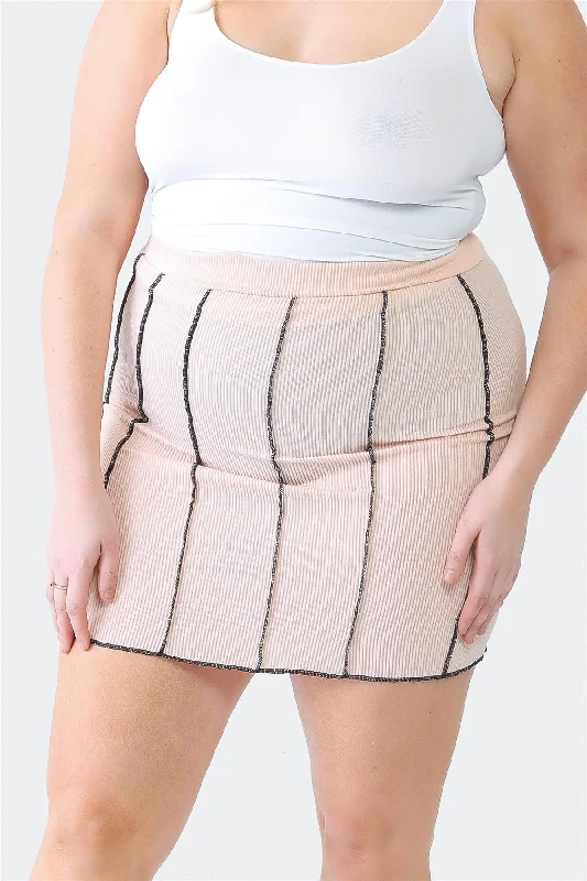 Pink Plus Size Ribbed Seam High Waist Mini Skirt