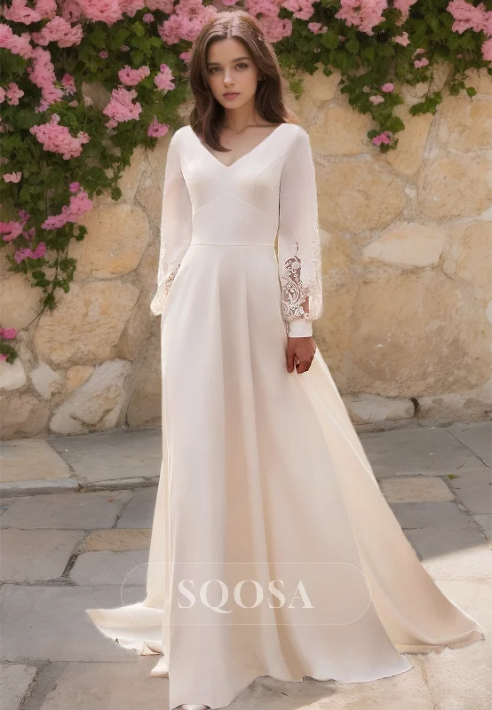 T-shirt dress – Casual dress made from T-shirt-like material, typically loose-fitting and comfortable.T-shirt dress – Casual dress made from T-shirt-like material, typically loose-fitting and comfortable.V-Neck Long Sleeves Satin A-Line Wedding Dress Applique Trimmed with Train Bride Gowns