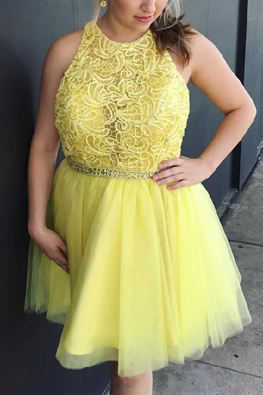 Ball gown dress – Formal, full-skirted dress often worn for weddings, proms, or galas.Ball gown dress – Formal, full-skirted dress often worn for weddings, proms, or galas.Halter Yellow Short Homecoming Dress with Lace Up Back