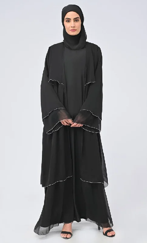 Lightweight – Thin, easy to wear, lightweight fabricLightweight – Thin, easy to wear, lightweight fabricBenazir Arabic Tiered Detailing chiffon Shrug With Crepe Inner