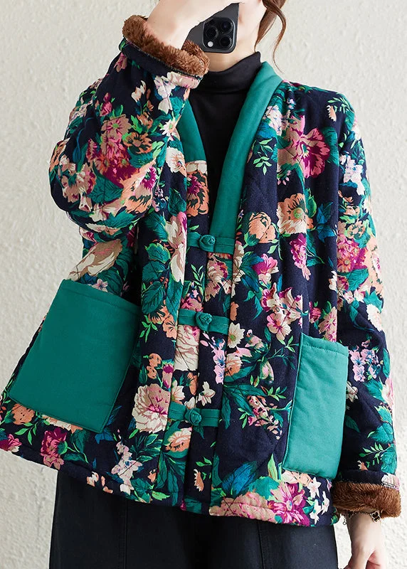 Fleece-lined – With soft fleece inside for warmthFleece-lined – With soft fleece inside for warmthBoho Navy V Neck Pockets Print Fine Cotton Filled Jackets Winter