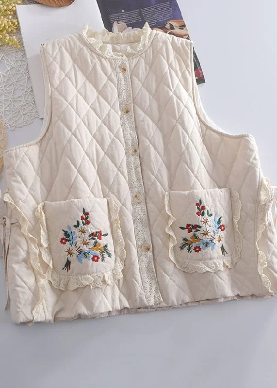 Down-filled – Filled with down feathers for insulationDown-filled – Filled with down feathers for insulationOrganic Beige Embroideried Ruffled Patchwork Tie Waist Waistcoat Winter