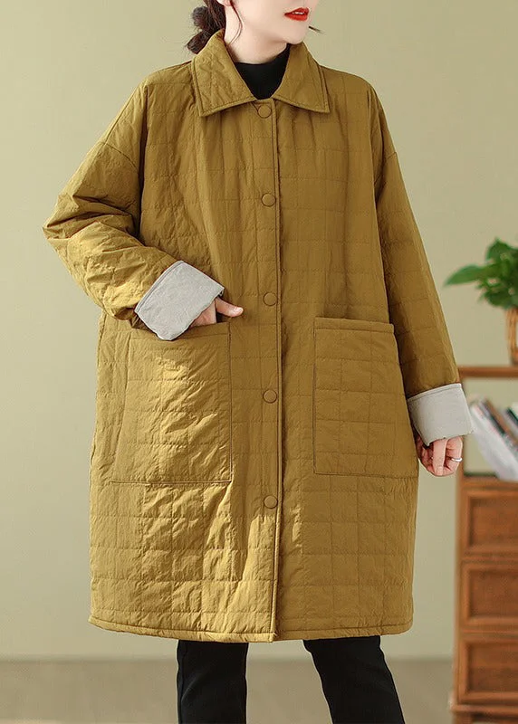 Down-filled – Filled with down feathers for insulationDown-filled – Filled with down feathers for insulationYellow Pockets Patchwork Fine Cotton Filled Coats Peter Pan Collar Winter