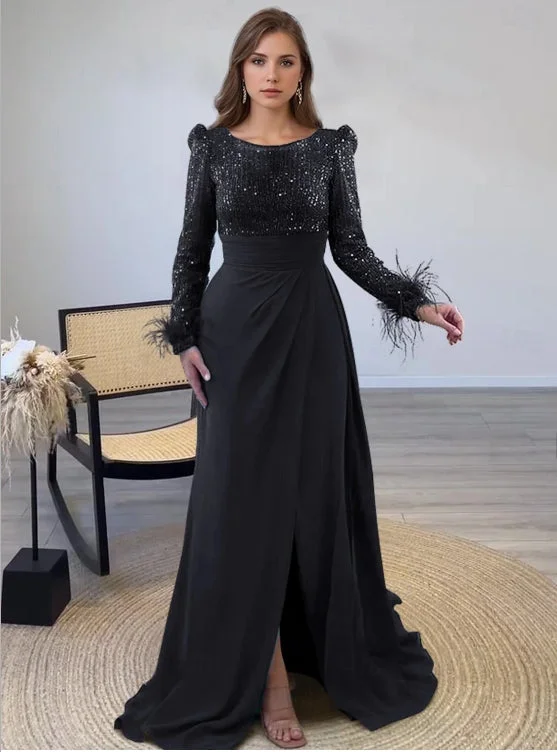 Boho dress – Dress with a relaxed, bohemian style, often featuring flowing fabric, ethnic prints, or vintage details.Boho dress – Dress with a relaxed, bohemian style, often featuring flowing fabric, ethnic prints, or vintage details.A-Line Evening Gown Floor Length Long Sleeve Illusion Neck Black Mother Of the Bride Dress Sequined with Feather Pearls Overskirt