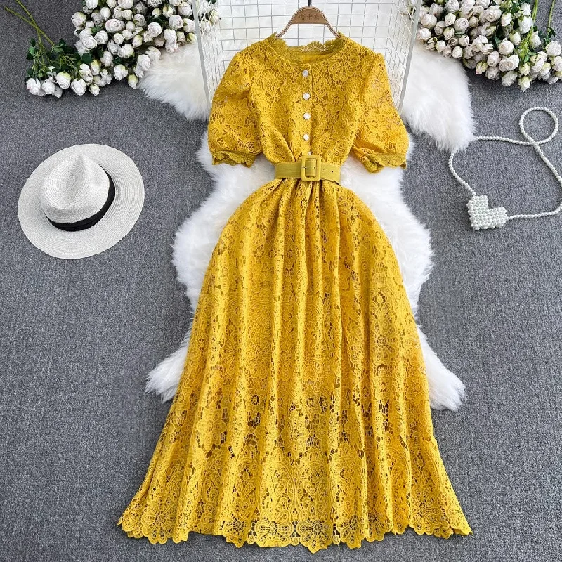 Off-the-shoulder dress – Dress with sleeves or straps that sit below the shoulders, exposing the upper arms.Off-the-shoulder dress – Dress with sleeves or straps that sit below the shoulders, exposing the upper arms.puff sleeves round neck A-line lace dress elegant long skirt      S4262