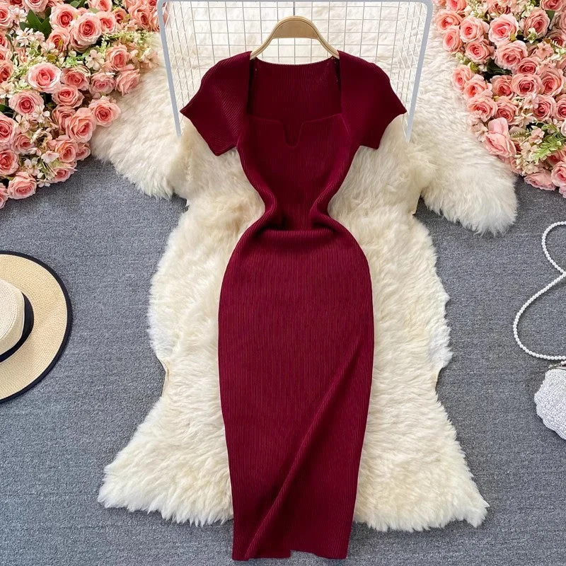 Boho dress – Dress with a relaxed, bohemian style, often featuring flowing fabric, ethnic prints, or vintage details.Boho dress – Dress with a relaxed, bohemian style, often featuring flowing fabric, ethnic prints, or vintage details.Tight square-neck knitted dress short-sleeved new style sexy long skirt       S4027
