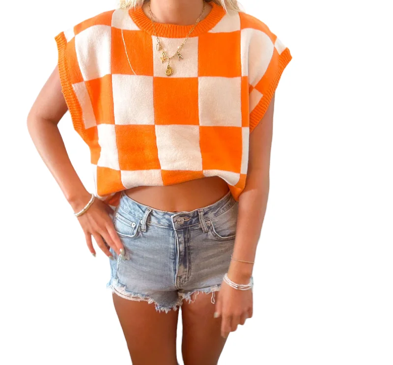 Turtleneck – High-neck style for added warmthTurtleneck – High-neck style for added warmthOrange & White Checkered Game Day Sweater