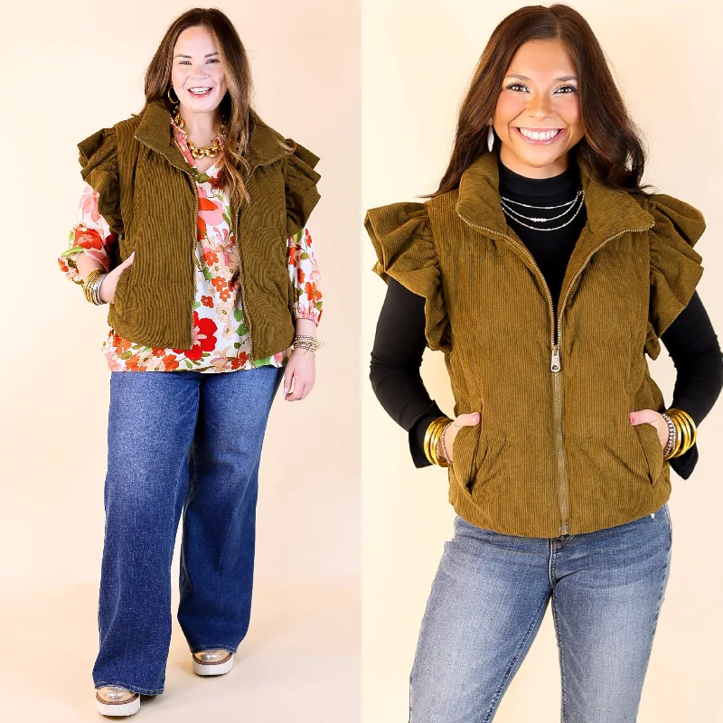 women's waistcoats that are wrinkle-resistantwomen's waistcoats that are wrinkle-resistantWinter Wanderlust Corduroy Puffer Vest with Ruffle Sleeves in Olive Green